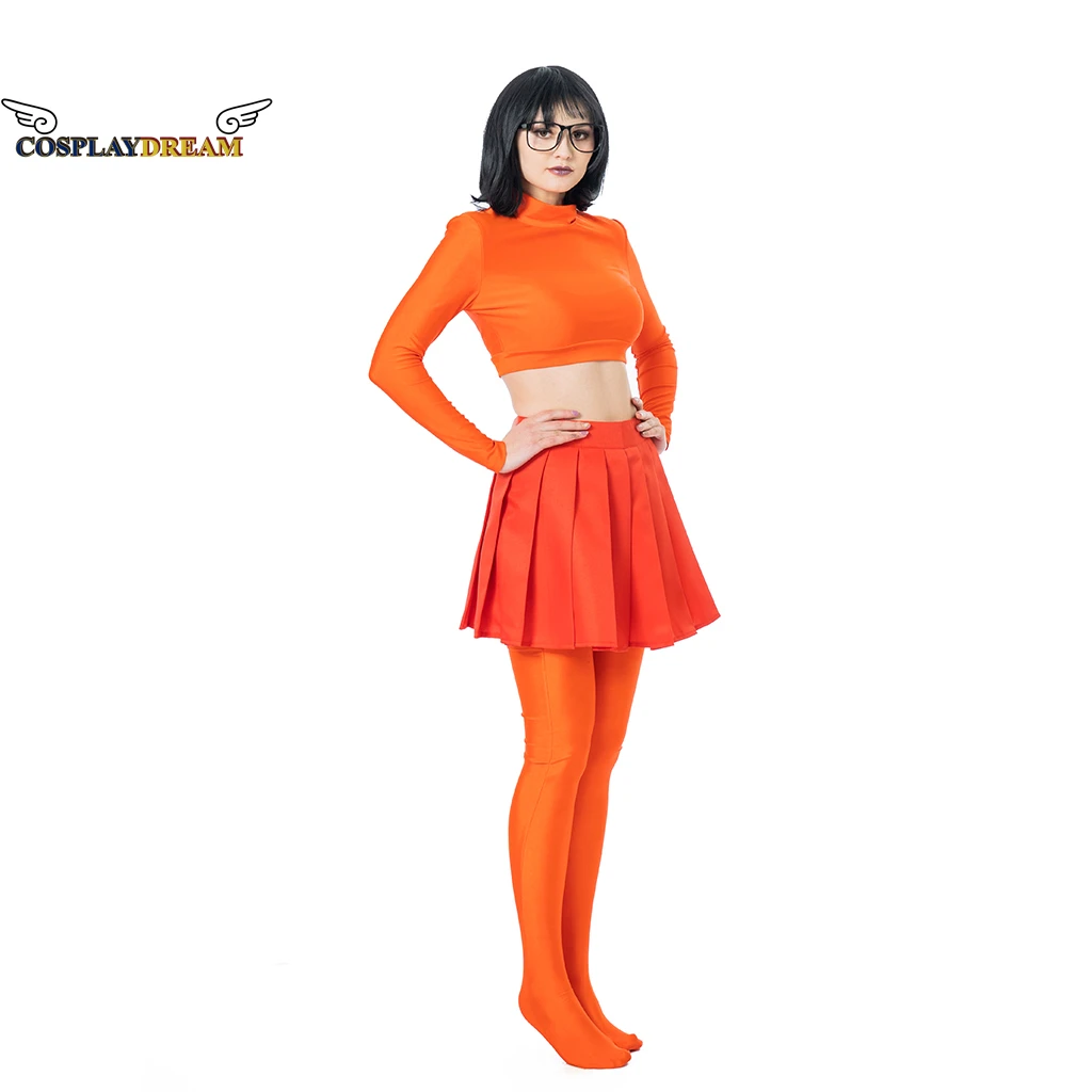 Velma Dinkley คอสเพลย์เครื่องแต่งกายชุดตัวละครภาพยนตร์ชุดเครื่องแต่งกายฮาโลวีนสําหรับหญิงสาวกระโปรงถุงน่องชุดเต็ม