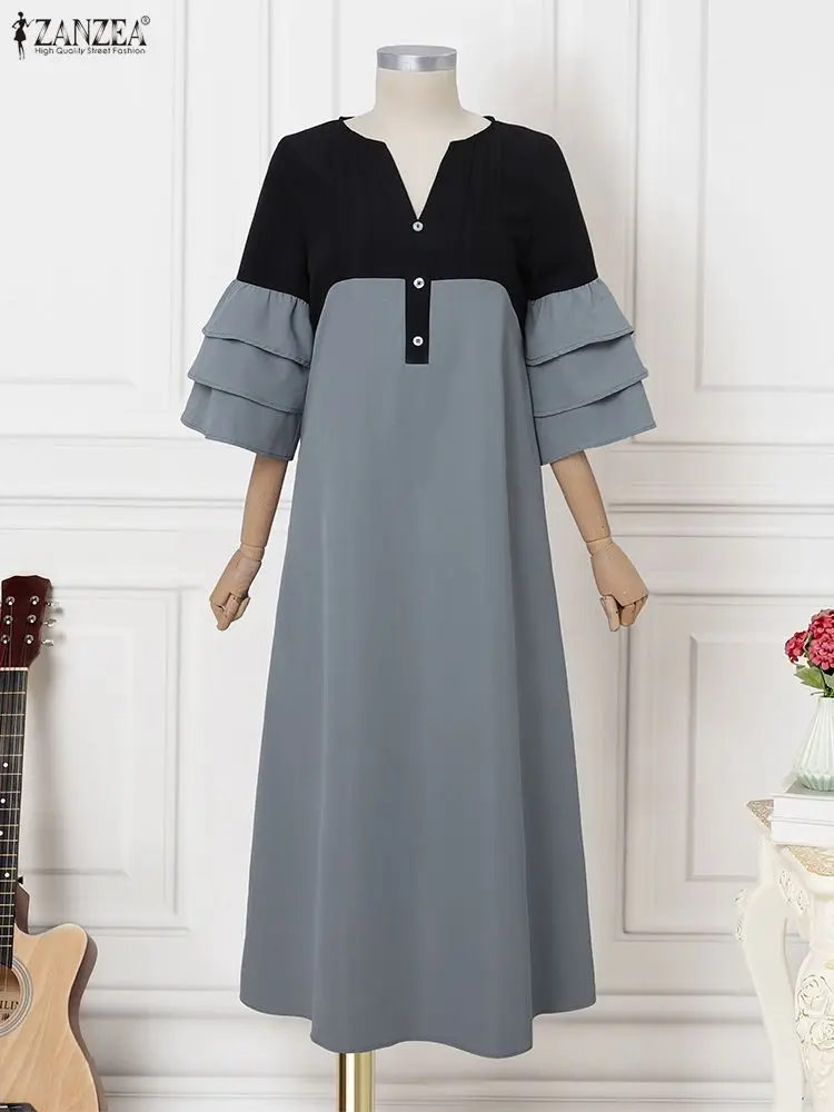 ZANZEA 패션 맥시 드레스 2025 여성 가을 3/4 러플 소매 롱 선드레스 V넥 컬러 패치워크 캐주얼 루즈 베스티도스