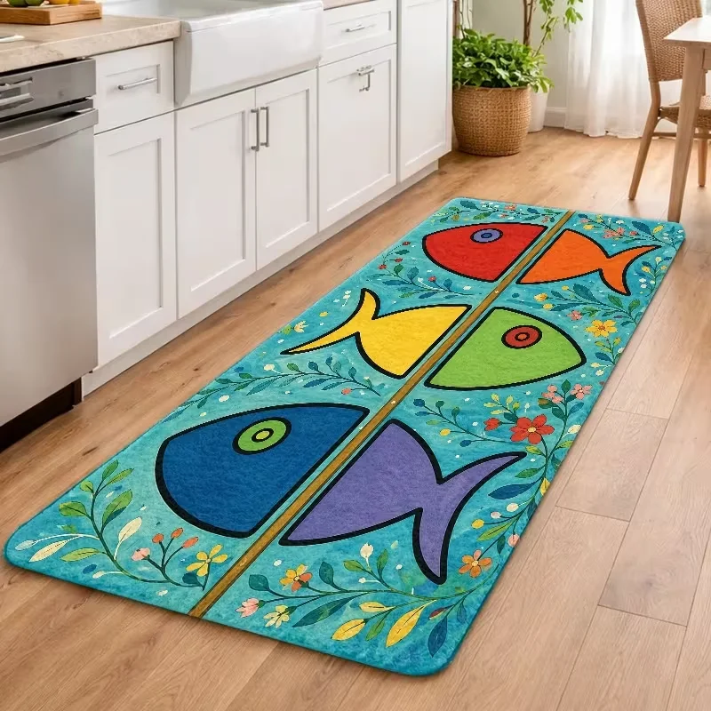 Cute Hand Drawn Colorful Fish Floral Kitchen Runner Rug Anti Slip Floor Mat Farmhouse Decor Cooking Area Hallway Long Carpet