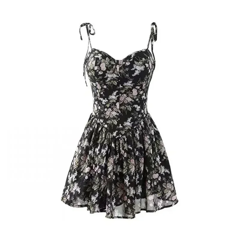 Abito sottoveste floreale da donna Mini fasciatura vintage in chiffon senza maniche Abito da spiaggia estivo Stile coreano Kawaii Harajuku