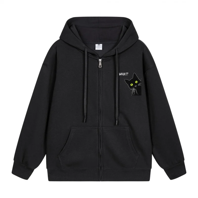 

Men's Zip-Up Hoodie Black Hoodie With Cat Print 2025 New Style Casual Couples’ Style Couples’ Style