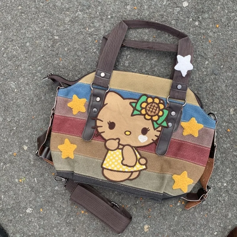 

Sanrio Canvas Retro Shoulder Bag for Women Girl Kawaii Hello Kitty Large Capacity Tote Luxury Designer Handbag Portable