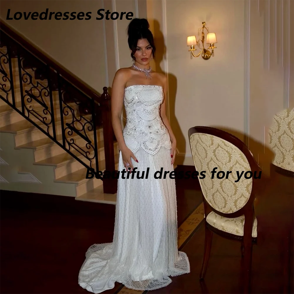 Customized White Strapless A Line Mother Of Bride Dresses Scalloped Beaded Bodice Tassel Long Train Wedding Formal Dress