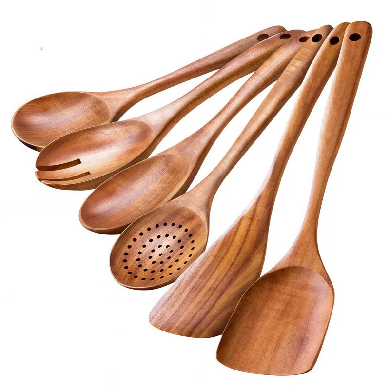 Ensembles d'ustensiles de cuisine en bois d'acacia, spatules à long manche, cuillères, fourchettes, ustensiles de cuisson antiadhésifs, accessoires de cuisine