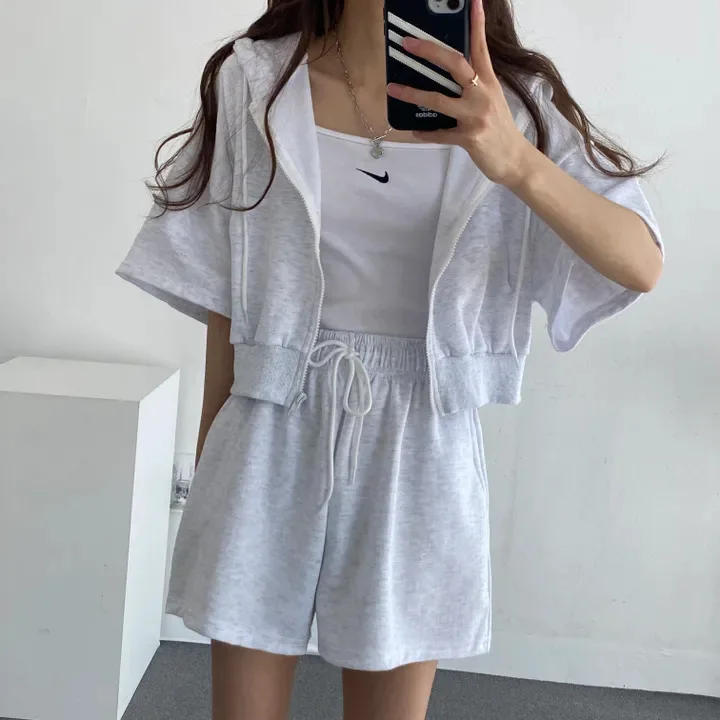 Loose Jacket Suits Harajuku Casual Zip Up Sweatshirts 2 Piece Sets 2024 Women Korean Hoodies Female Vintage Solid Shorts Sets