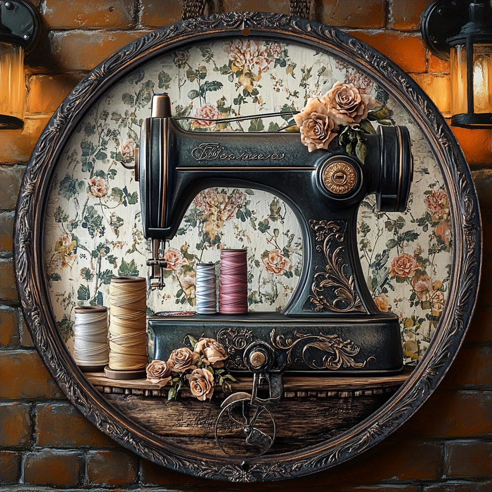 Classic Vintage Sewing Machine Theme Round Wood Plate 8in Multi-functional Home Office Decoration 2D Print Wall Hanging Gift
