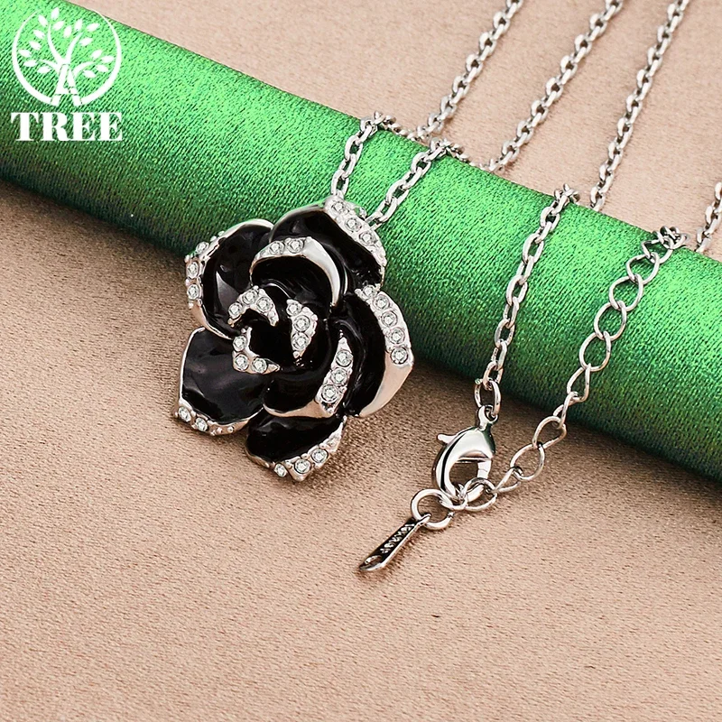 ALITREE 925 Sterling Silver Zircon Crystal Black Flower Rose Pendant Necklace For Women Neo-Gothic necklaces Fashion Jewelry