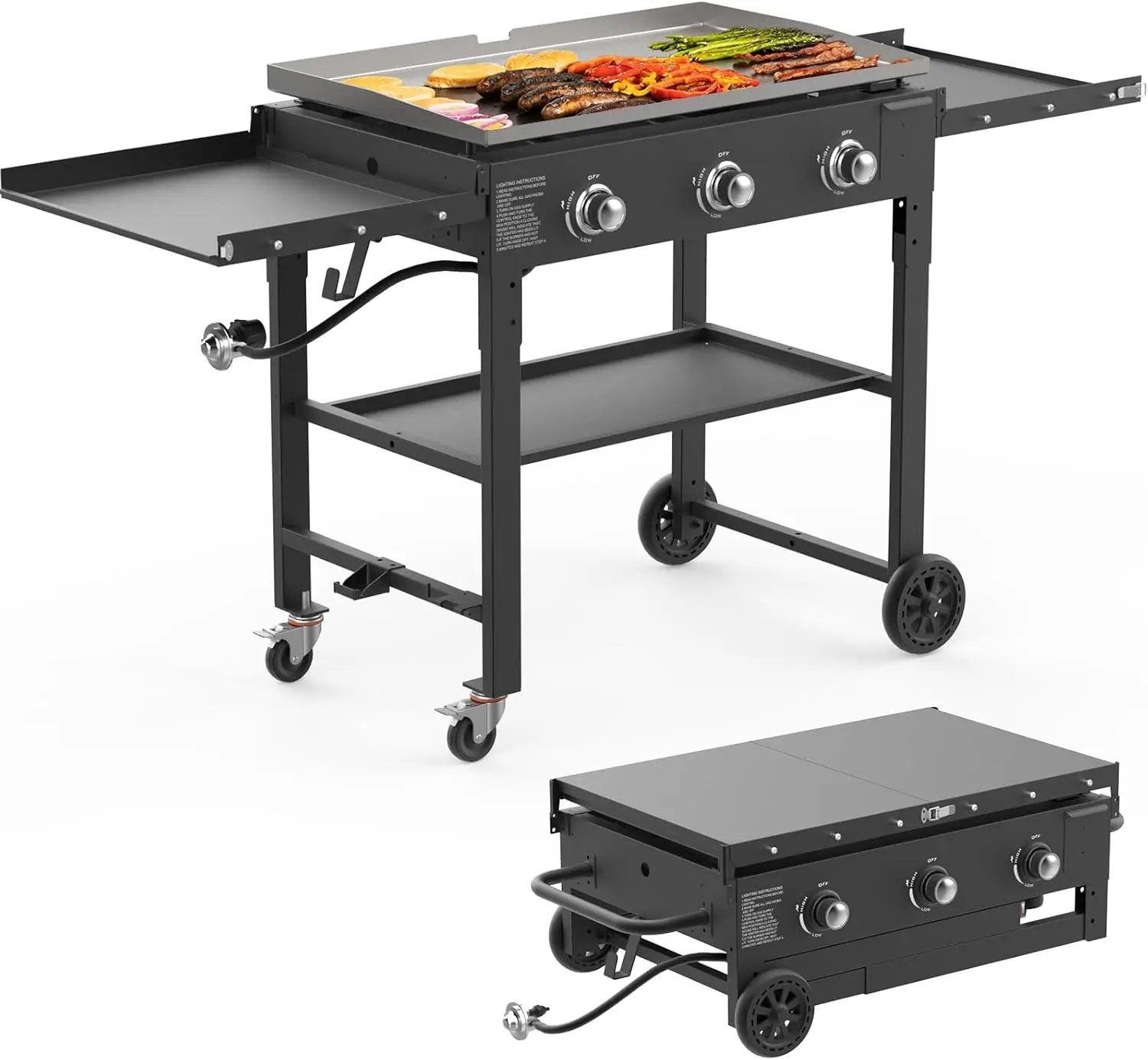 Portable Flat Top Gas Grill -45000 BTU Propane Fuelled, 3 Burners Table Top Griddle Station with Side Shelves