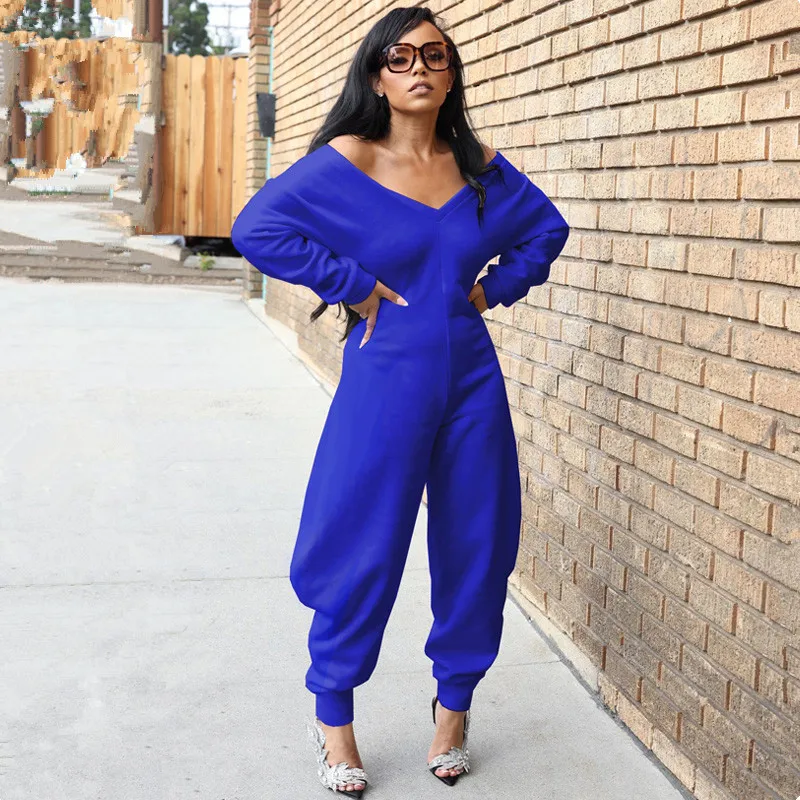 秋冬レディース長袖Vネックゆったりジャンプスーツワンピースセットパーティーカジュアルフィットネスストリートウェア衣装