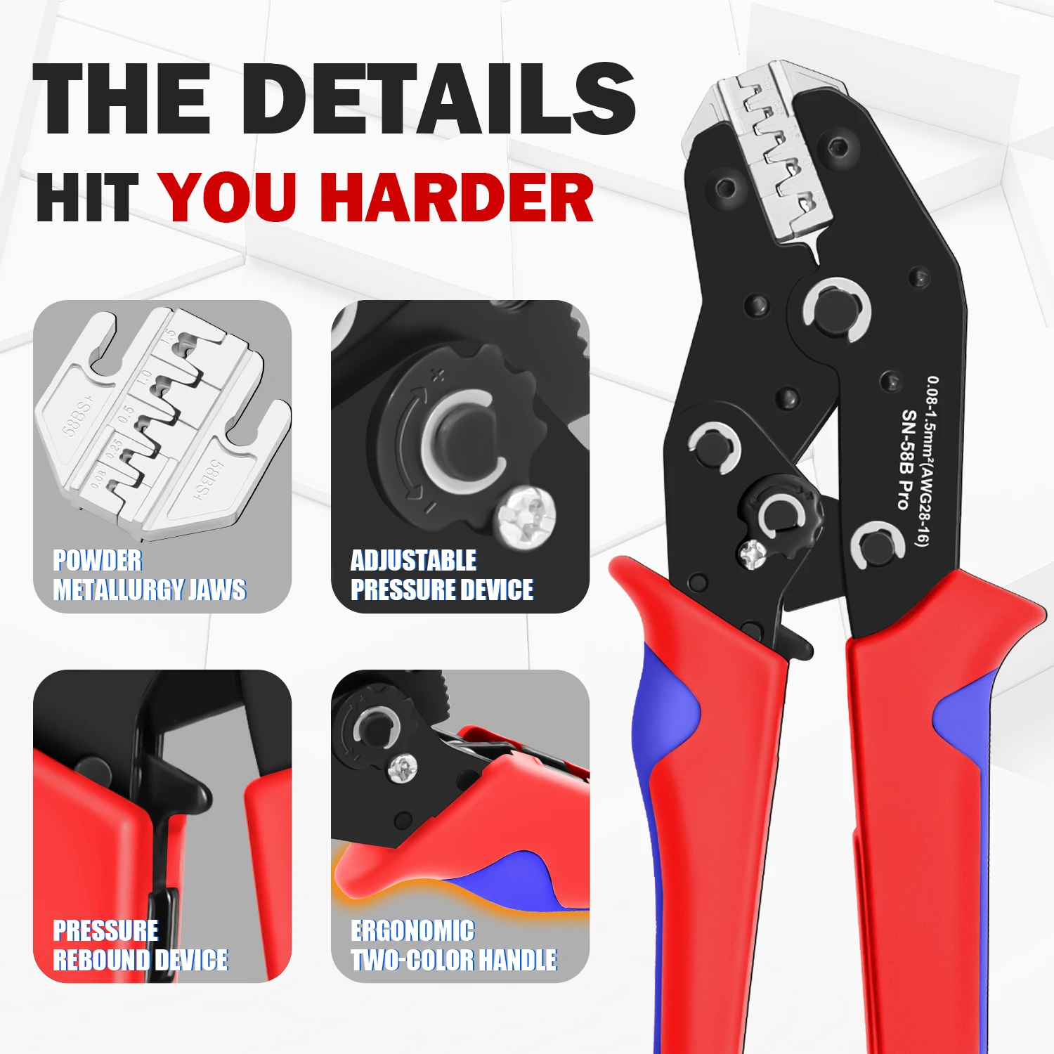 SN-58B Pro Wire Crimping Plier لـ JST PH 2.0mm، XH 2.5mm، VH 3.96mm، JWPS 4.0mm & Dupont Open Barrel Terminals Crimper=SN2549+SN58B #5