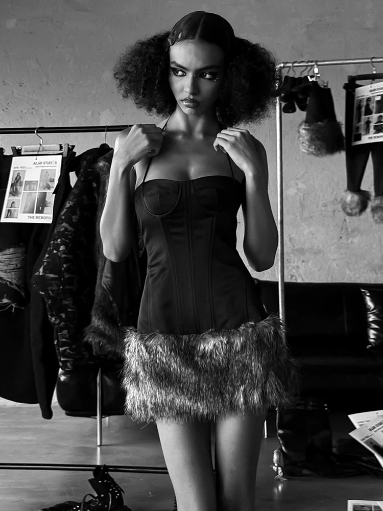 Weird Puss Sexy Halter Slip Dress Women Furry Patchwork Backless Punk Hottie Street Clubwear Peach Hip Stretch Skinny Bodycon