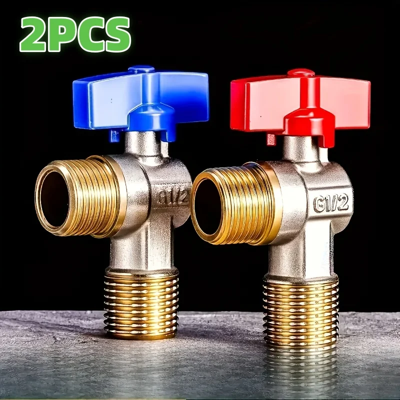 2‑Pack Full‑Port Brass Angle Ball Valve G1/2, Quarter‑Turn Shut‑Off Valve with Red & Blue Handle for Hot Cold Water Plumbing