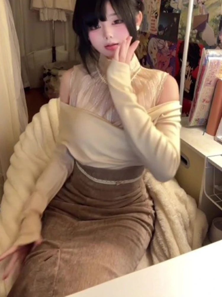 

Harajuku, милые элегантные сетчатые футболки с открытыми плечами из двух предметов + осенне-зимние облегающие юбки с высокой талией, новые комплекты 2023 года