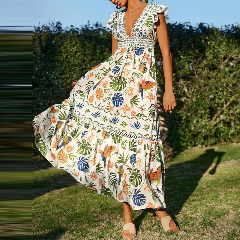 Abito estivo da donna Elegante stampa floreale Orlo ampio Abito lungo Primavera Scollo a V Manica a farfalla Abito da vacanza bohémien Vestido Mujer