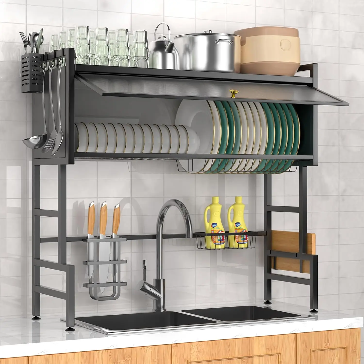 

3 Tier Over The Sink Dish Drainer Drying Rack, 33.5" Over Sink Dish Rack, Space-Saving Kitchen Sink Organizer, Large Drying Rack