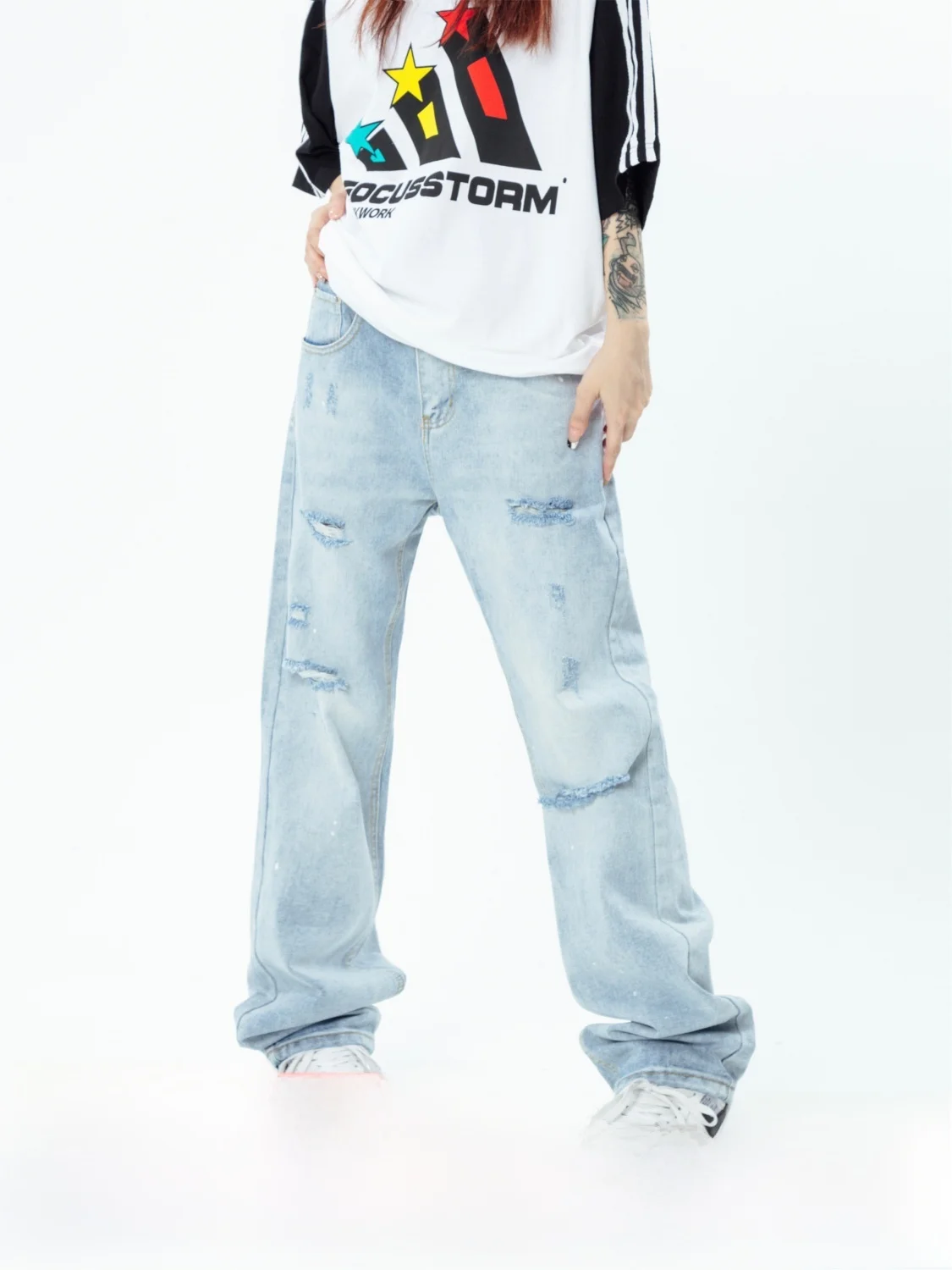 

Джинсы Waed Denim женские летние повседневные свободные прямые джинсы в американском стиле с дырками для пар