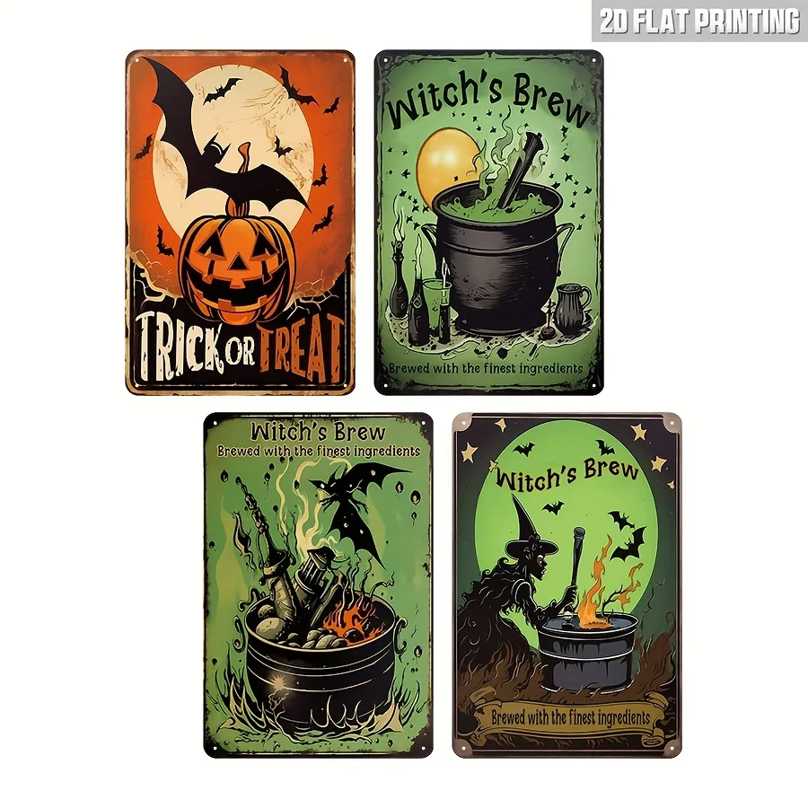 Halloween Decoration Sign And Wall Art Set, 4pcs In Total, Including A Metal Tin Sign, Themed 