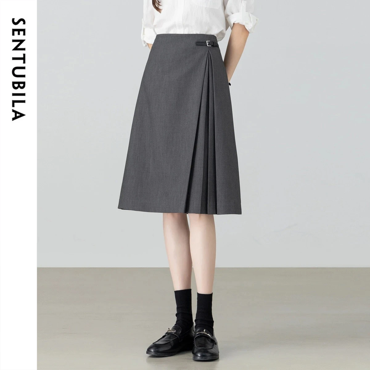 

SENTUBILA Women Gray Black A-line Skirt Pleated Slimming Midi Skirt 2026 Summer Intellectual Commuter Office Wear 162QA6809