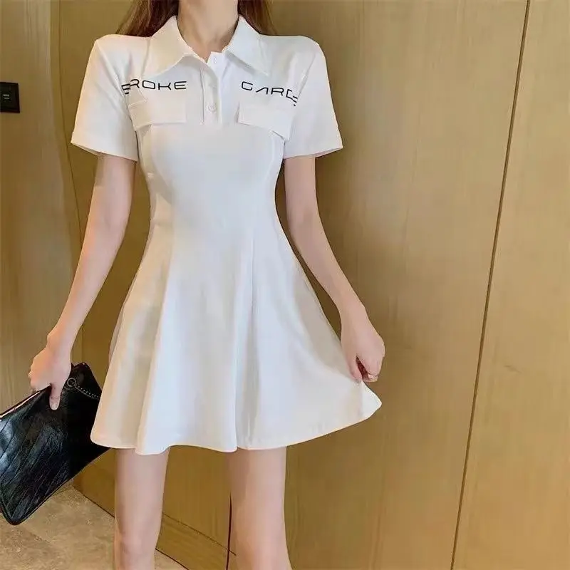 POLO Collar Pure Cotton Women Summer 2024 Korean Solid Color Letter Printing Corset Slim Sporty Style Large Size A-line Skirt