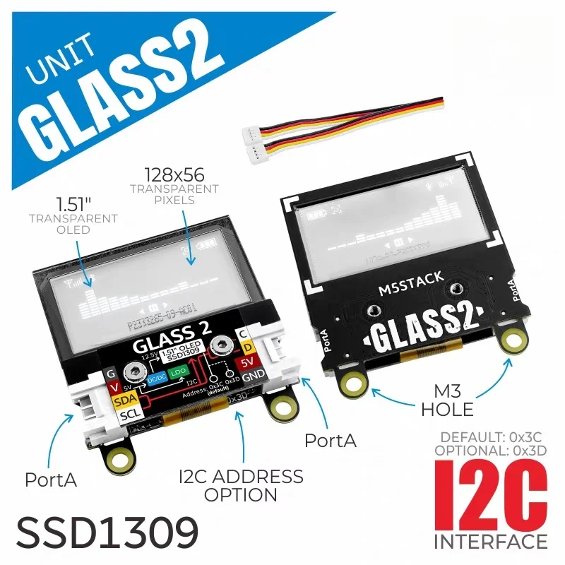 Official M5Stack Unit Glass2 Transparent OLED Expansion Module 2nd Generation 1.51-inch SSD1309