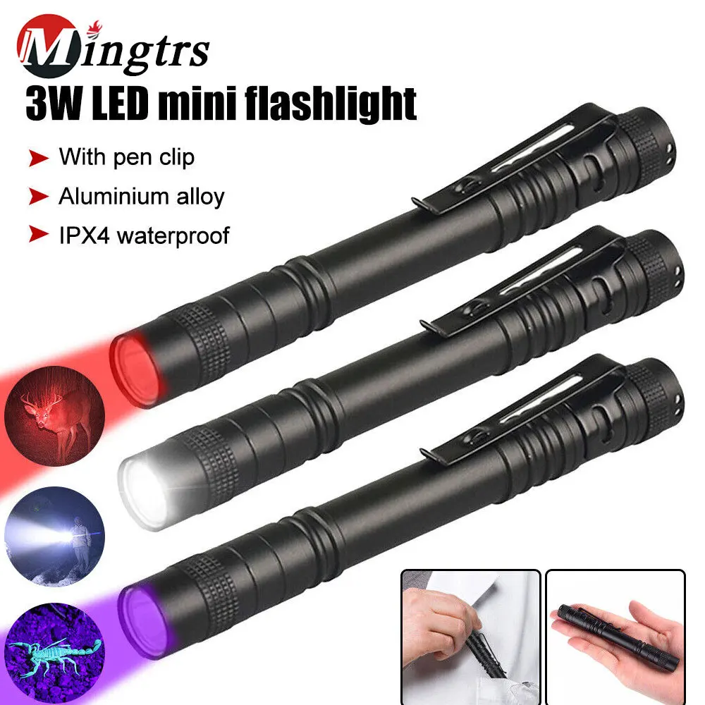 Mini LED Pen Clip Pocket Flashlight Battery-powered Torch White/Purple/Red Light