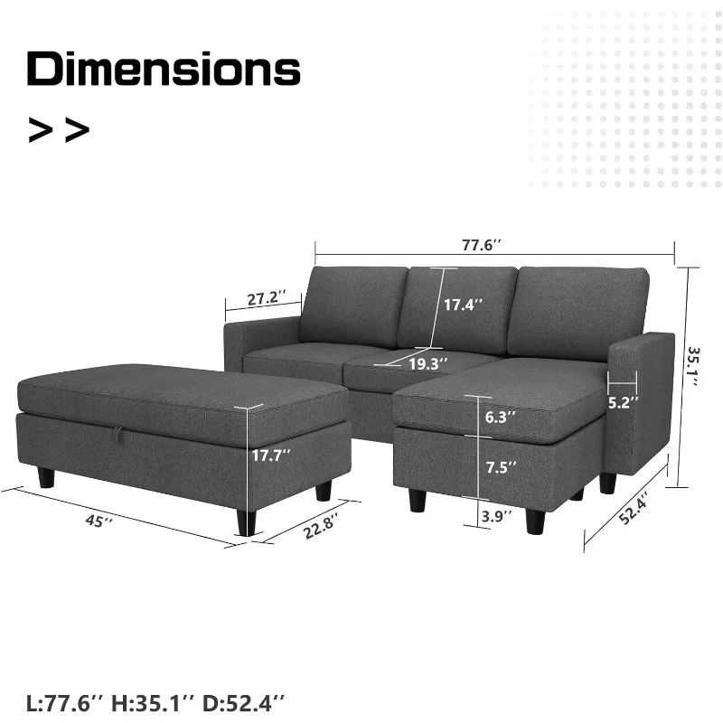 Reversible Sectional Couch with Ottoman L-Shaped Sofa for Small Spaces Sectional Sofa with Chaise in Dark Grey