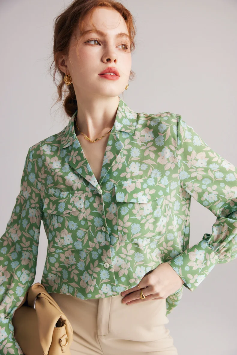 Large silk shirt women's new long-sleeved crepe de chine printed long-sleeved suit collar for spring and summer 2023 100% mulber