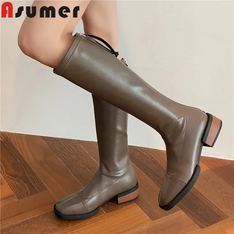 

ASUMER 2024 New Autumn Winter Ladies Knee High Boots Solid Thick Med Heels Shoes Microfiber Zipper Women Boots
