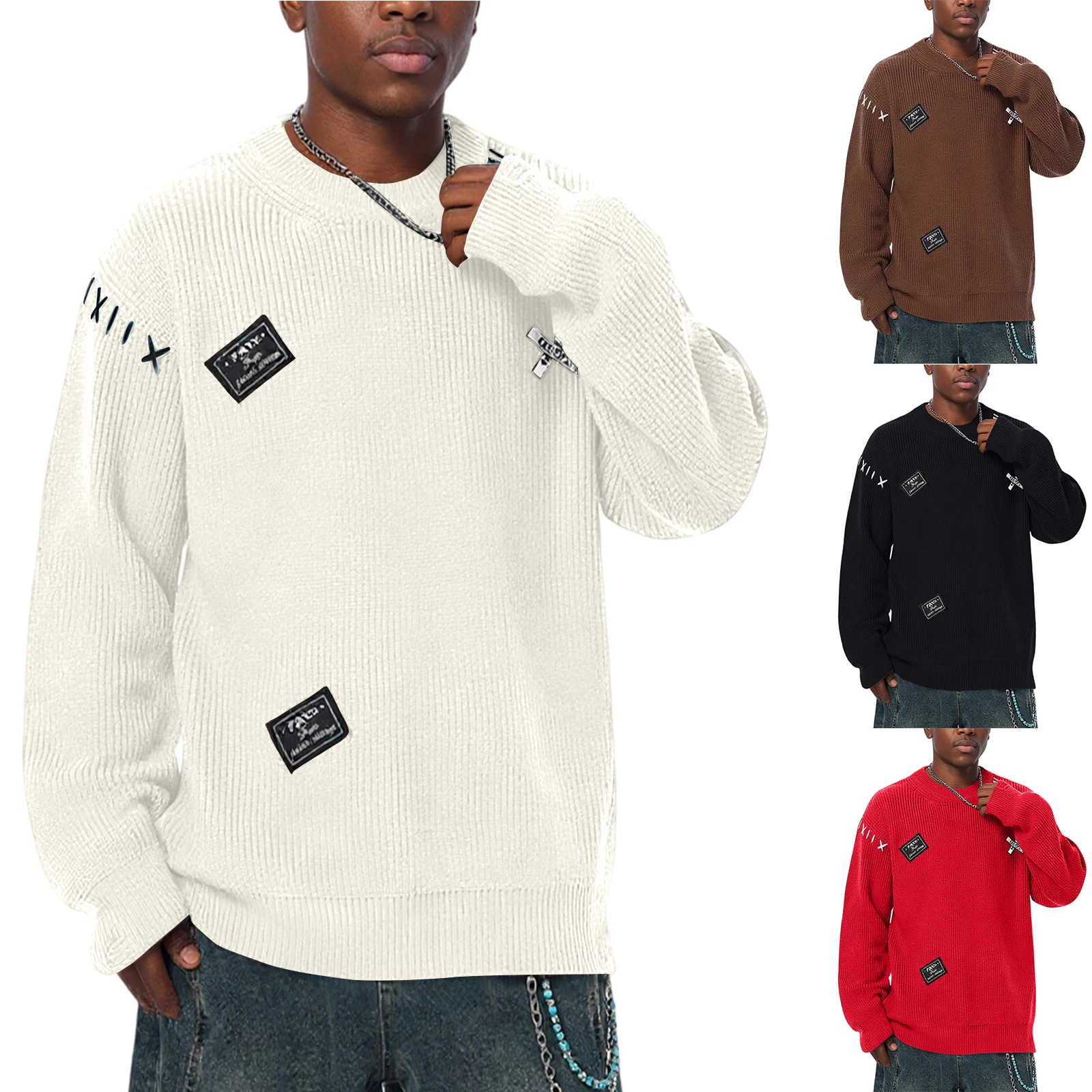 

Men Fashion Knitting Pullover Casual Loose Long Sleeve Round Neck Sweater Male Cozy Comfortable Fashion Winter Daily Tops