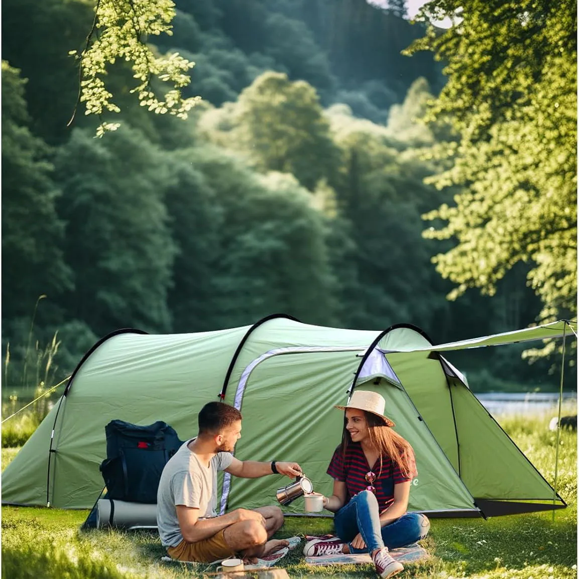 

Camping Tents Tunnel Tent 4 Person with 2 Doors Extra Large Weatherproof 4 Seasons Tents