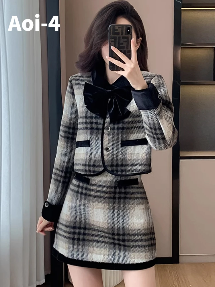 Fashion Commuter Down Plaid Suit Women 2023 Autumn Winter Thickened Bow Single-Breasted Splicing Coat+A-Line Skirt Two-Piece Set