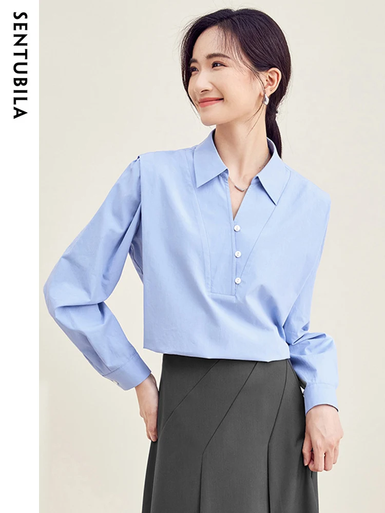 Imagem -02 - Sentubila-camisas Lyocell de Algodão Feminino Pulôveres Femininos Tops Elegantes Manga Comprida Moda Coreana Escritório Azul Outono 2023