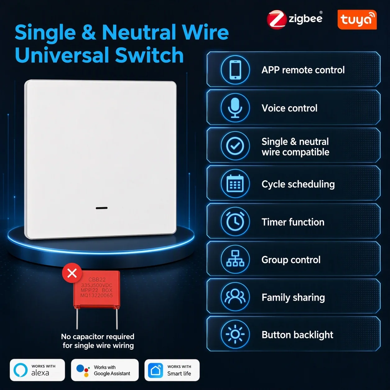 Tuya Zigbee ZHA Smart Wall Switch Neutral & Live Wire Universal Light Switch Support Zigbee2MQTT Smart Home Alexa Google Home
