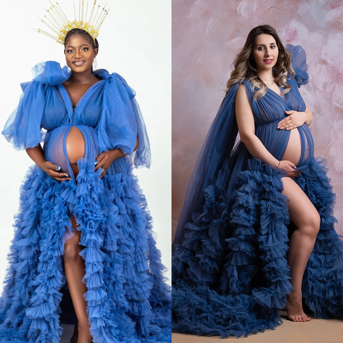 

Unique Navy Fluffy Prom Dresses for Photo Shoot or Baby Shower Custom Made Sexy V Neck High Split Maternity Robe Photoshoot Gown