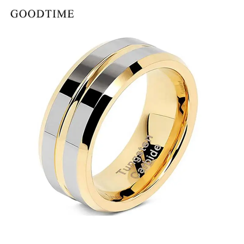 Trendy Custom Style Tungsten Carbide Ring Wedding For Men Jewelry Engagement Golden Color Glossy Groove Band For Party