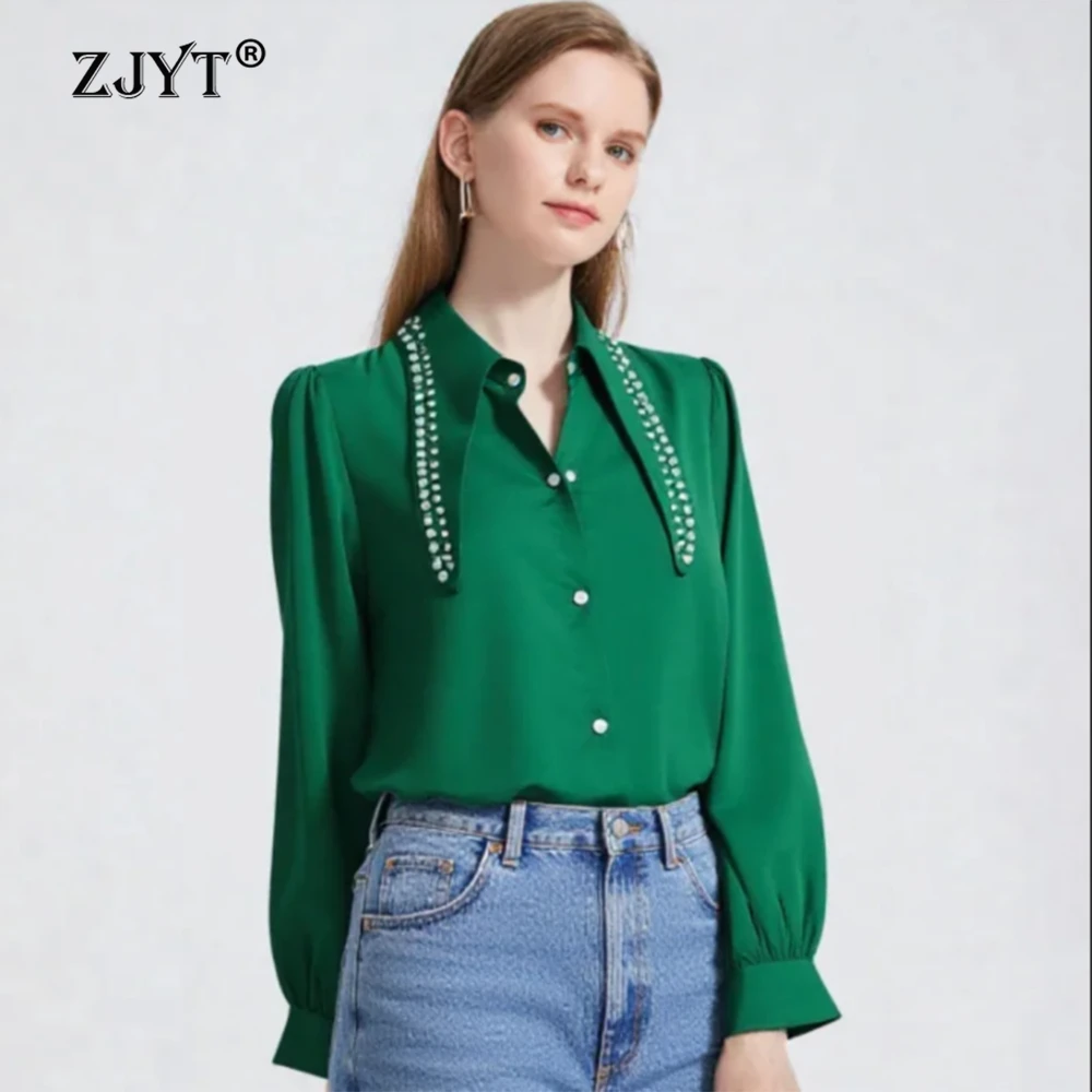

ZJYT Womens Blouse Shirt Long Sleeve Top Female Elegant Ladies Loose Large Size Blouses Pearls Lapel Collar Blusas Fashion Black