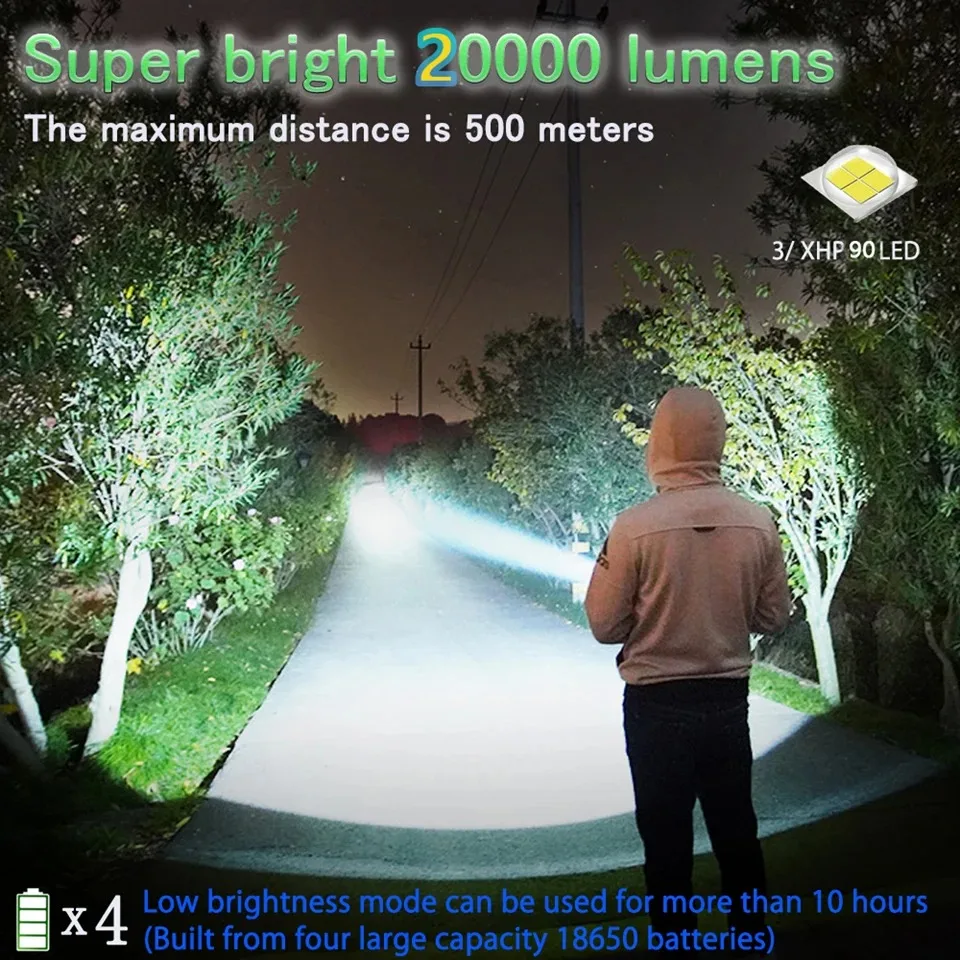 Powerful 3*XHP90 LED Flashlight High Lumen USB Rechargeable Tactical Torch Safety Lock Hand Lantern For Camping Hiking Fishing