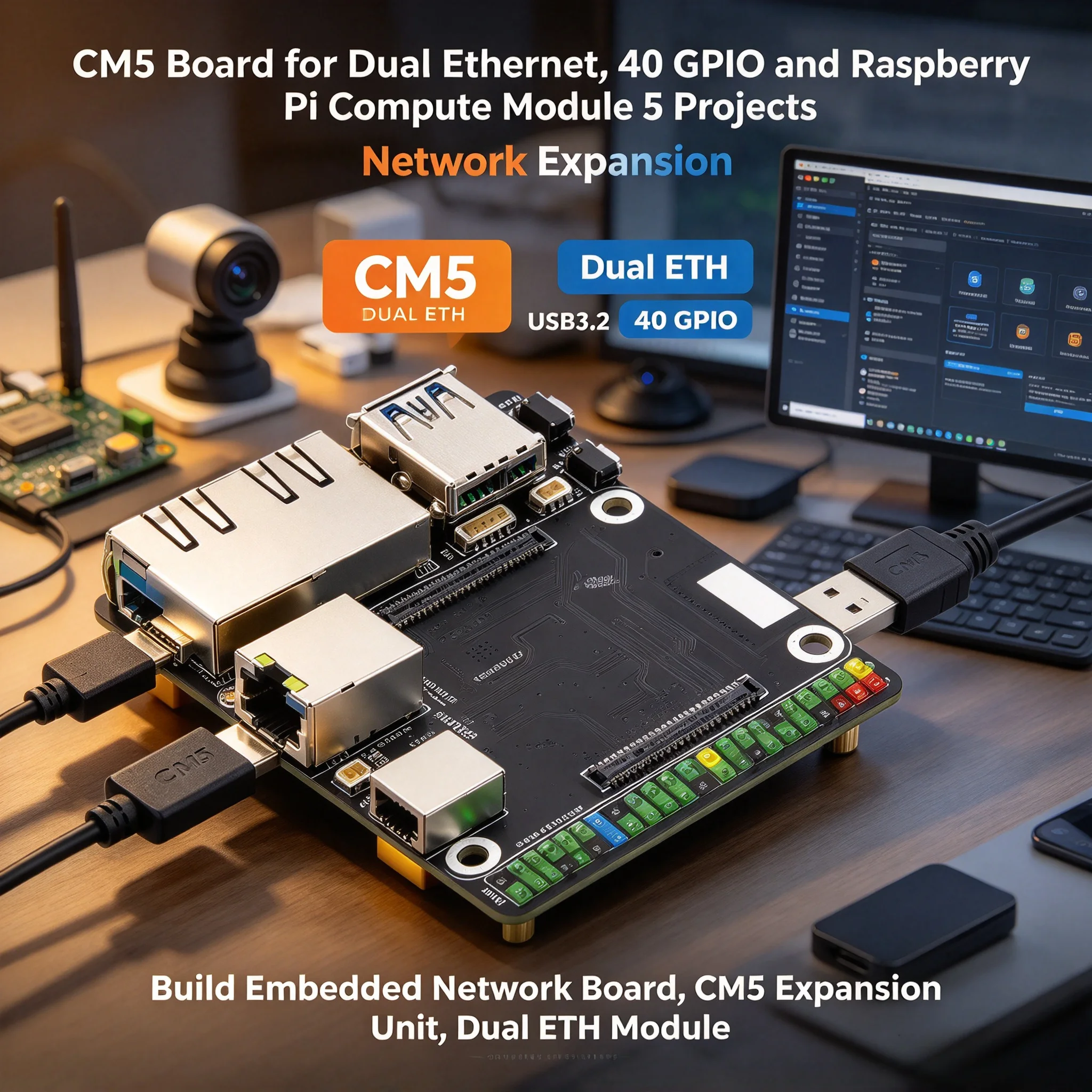 3Pcs CM5-DUAL-ETH Expansion Board, CM5 Board with 40 GPIO for Raspberry Pi Compute Module 5