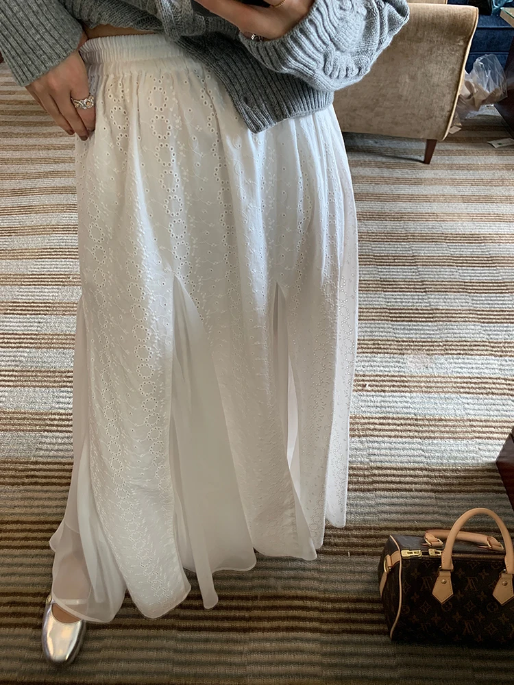 

Белая кружевная юбка А-силуэта для женщин, корейский стиль, для повседневной носки, из хлопка, свободного кроя, длинная, осень-зима