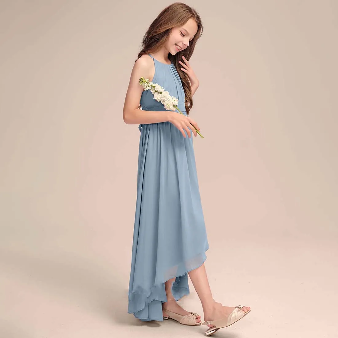 YZYmanualroom Chiffon Junior Bridesmaid Dress With Pleated A-line Halter Asymmetrical 2-15T