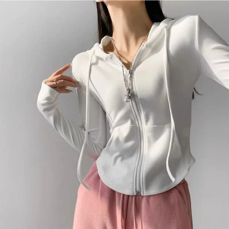 Pure Desire Velvet Aesthetic Hooded Cardigan Sweatshirt For Women Casual Slimming Long Sleeve Cropped Top Trendy Spring Autumn