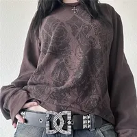 Women's Fall Loose Gothic Tops Retro Print Long Sleeve Round-Neck Grunge T-Shirts Spring Autumn Y2K Aesthetic Streetwear