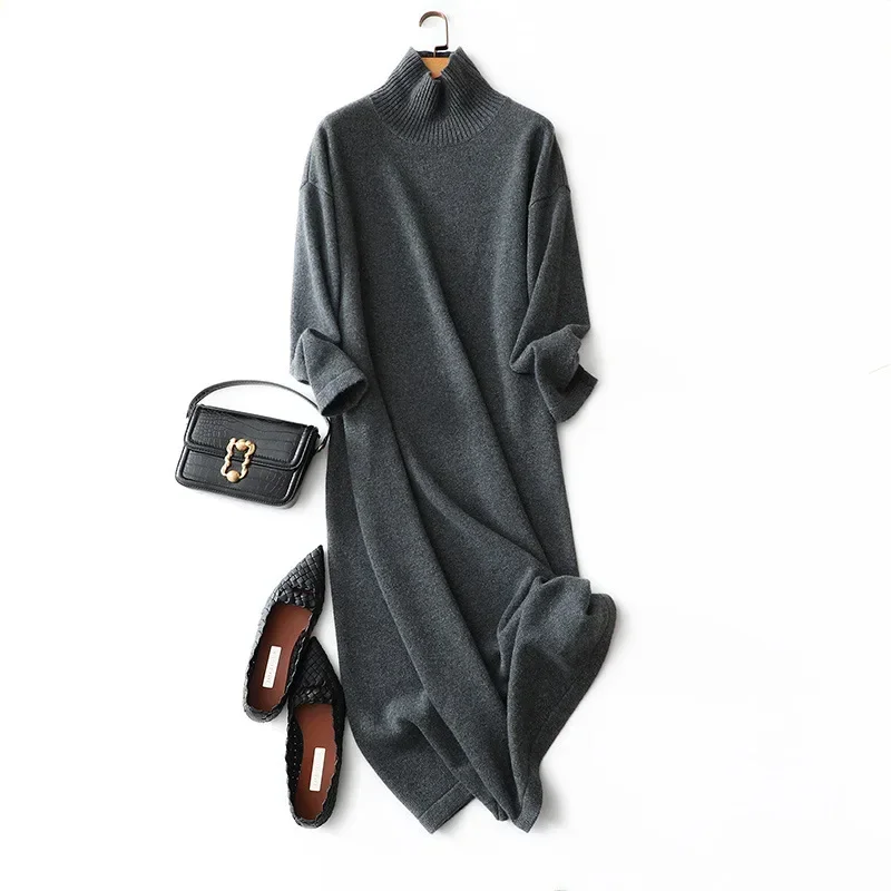 aliaga high quality women's winter warm long sleeve turtleneck 100% cashmere sweater dress pullover