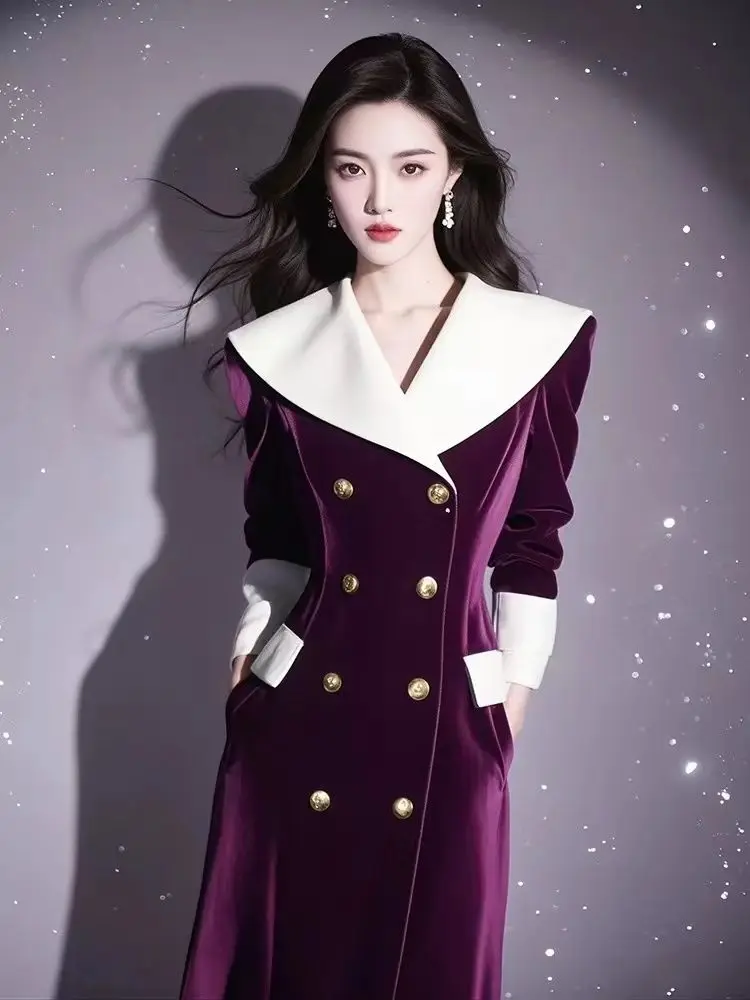 Purple Velvet Dress With Large Lapel, High-End Elegance, Autumn And Winter Long Dress, Perfect For Formal Occasions w1483