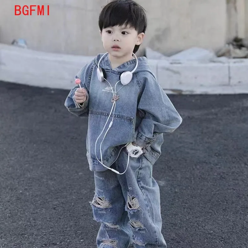 Children's Clothing Boy Denim Jacket Hoodies + Jeans 2 Pcs Set Autumn Spring Vintage Hole Pants Children's Hooded Pullover Top