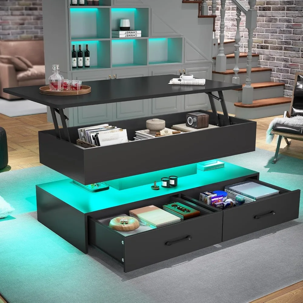 Lift Top Coffee Table with Storage and LED Light for Living Room, Small Table with 2 Drawers