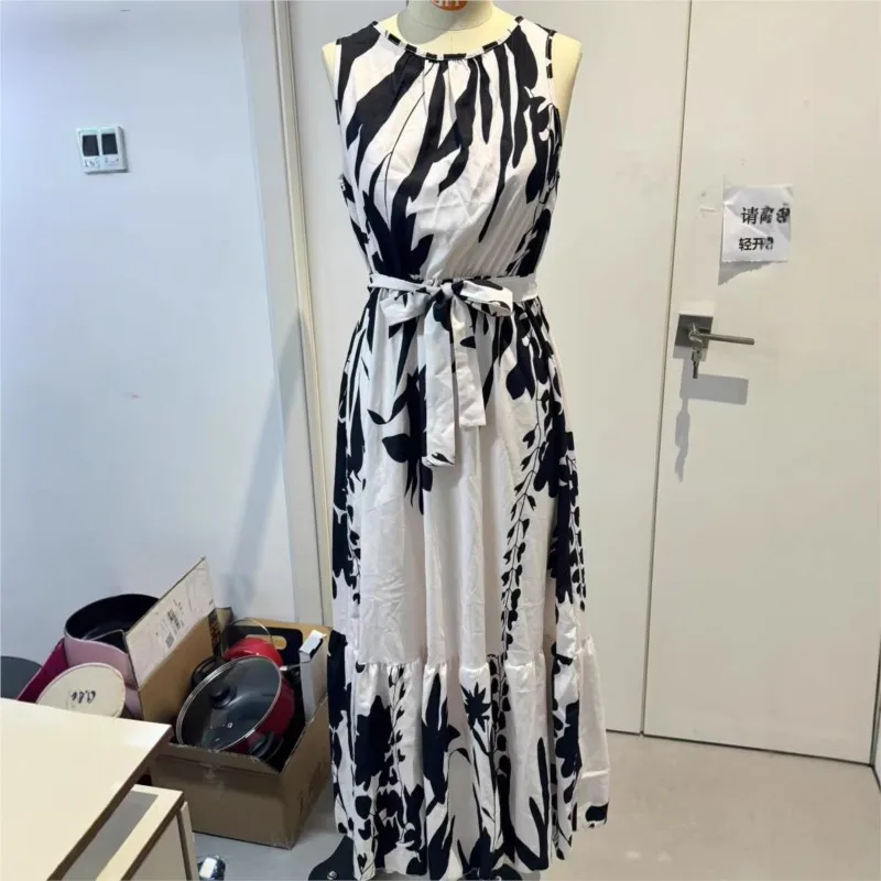 Estate Nuovo Gilet Vestito Moda Festa di Compleanno Elegante Donna Vestiti Senza Maniche Con Scollo A V Stampa A Vita Alta Abiti Lunghi 2025 Abiti