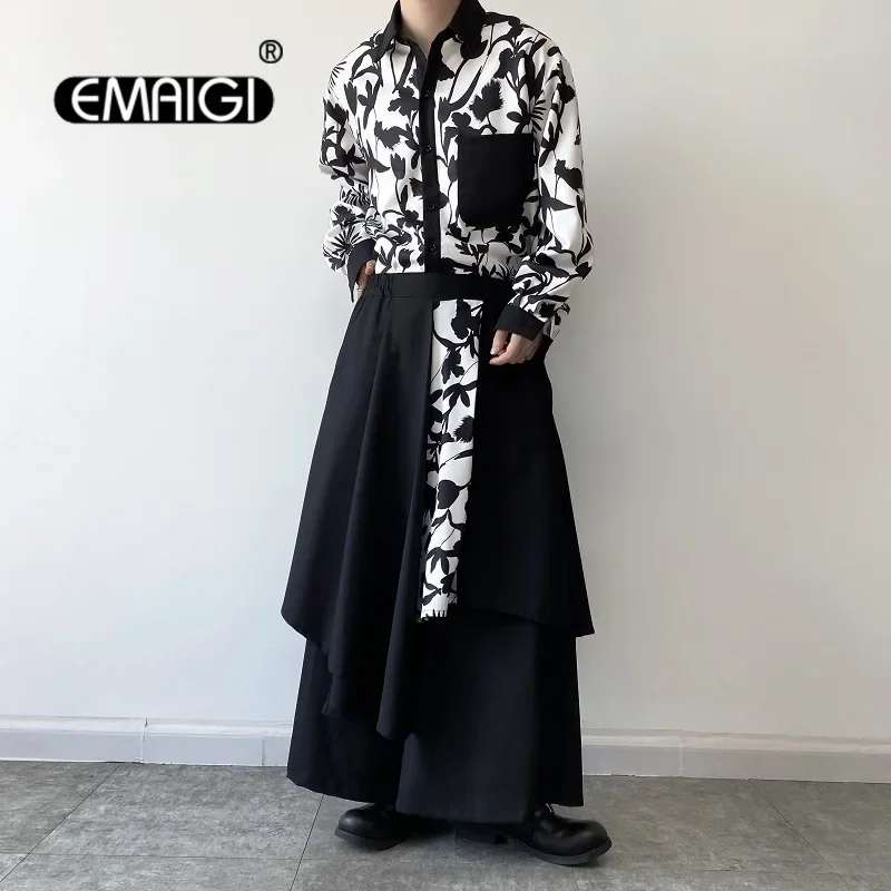 

Mens Japan Fashion Flower Splice Streetwear Dark Black Skirt Pants Women Man Wide Leg Trousers Pant Stage Show Clothing