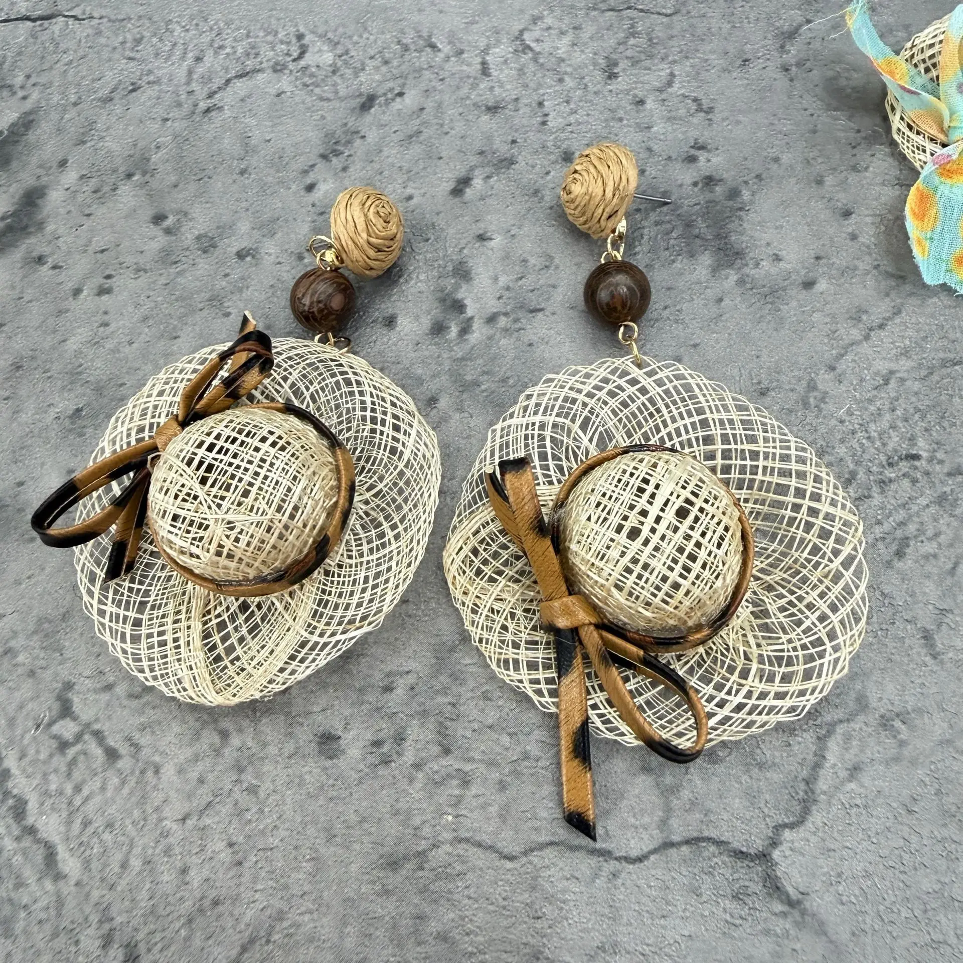 Bohemian straw hat leopard print bow earrings retro niche vacation style atmosphere design earrings