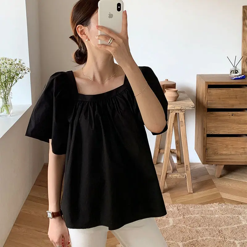 Blouses Women Square Collar Temperament Holiday Summer Lady Korean Version Casual Loose-fitting Design Elegant Blusas Stylish